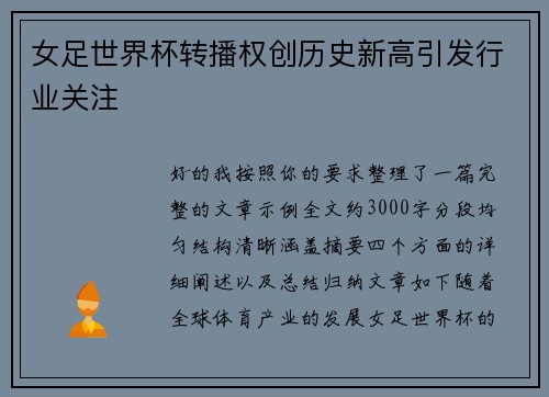 女足世界杯转播权创历史新高引发行业关注