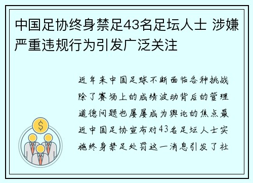 中国足协终身禁足43名足坛人士 涉嫌严重违规行为引发广泛关注